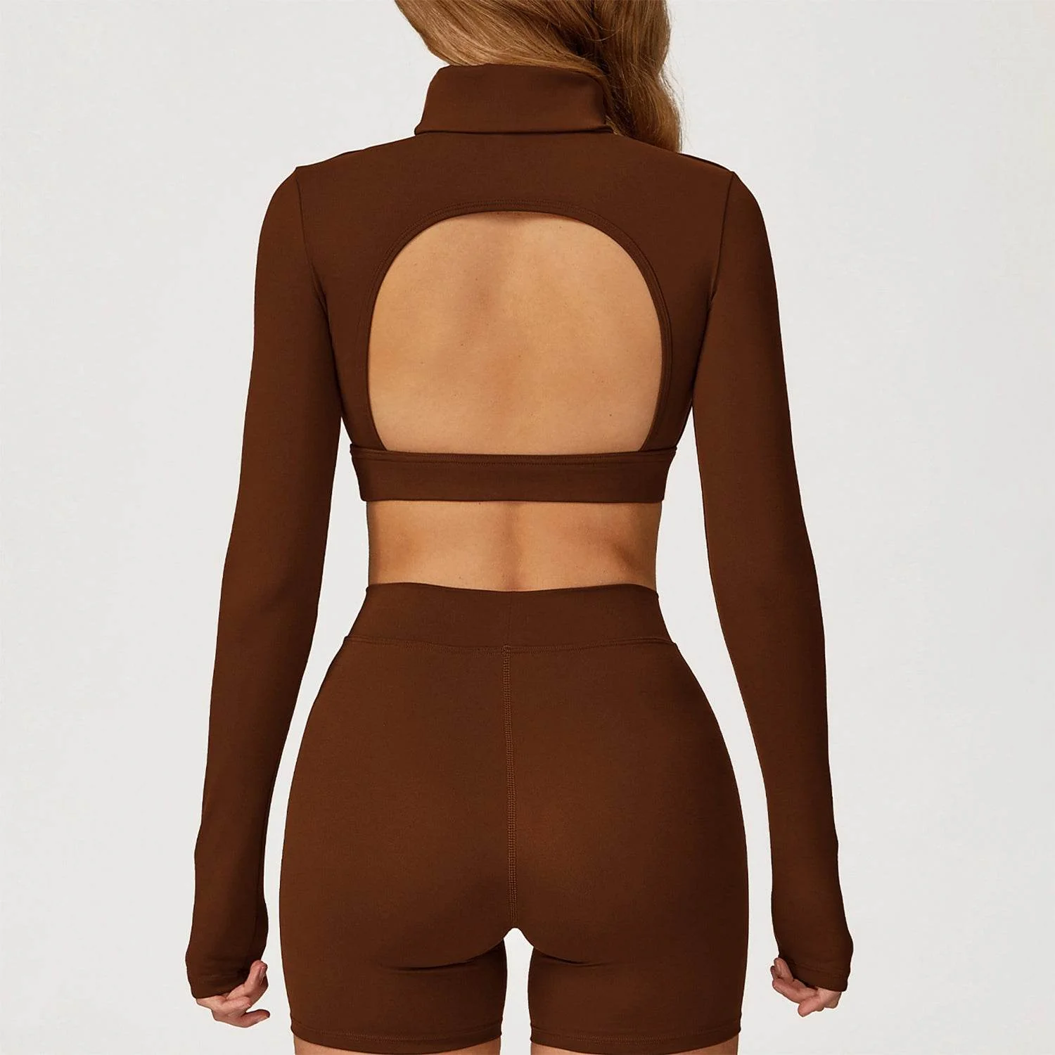 Backless Turtleneck Crop Top Long Sleeve Yoga T-Shirt - Artadvier