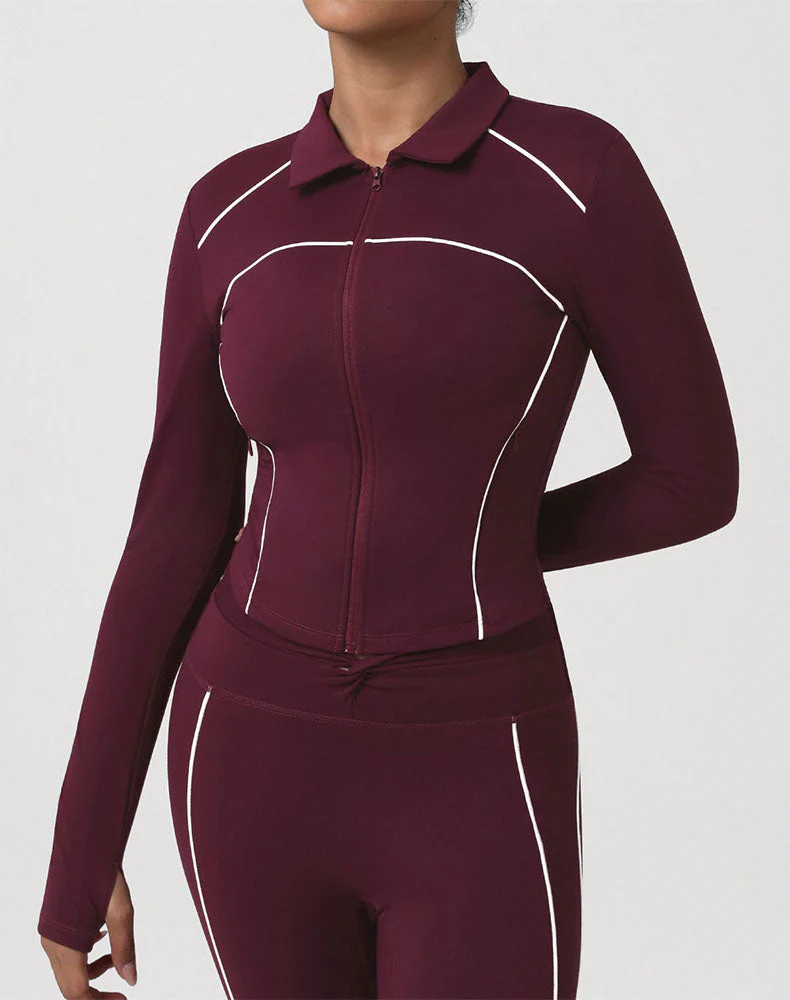 Contrast Trim Workout Jacket Zip Up Long Sleeve Coat - Artadvier