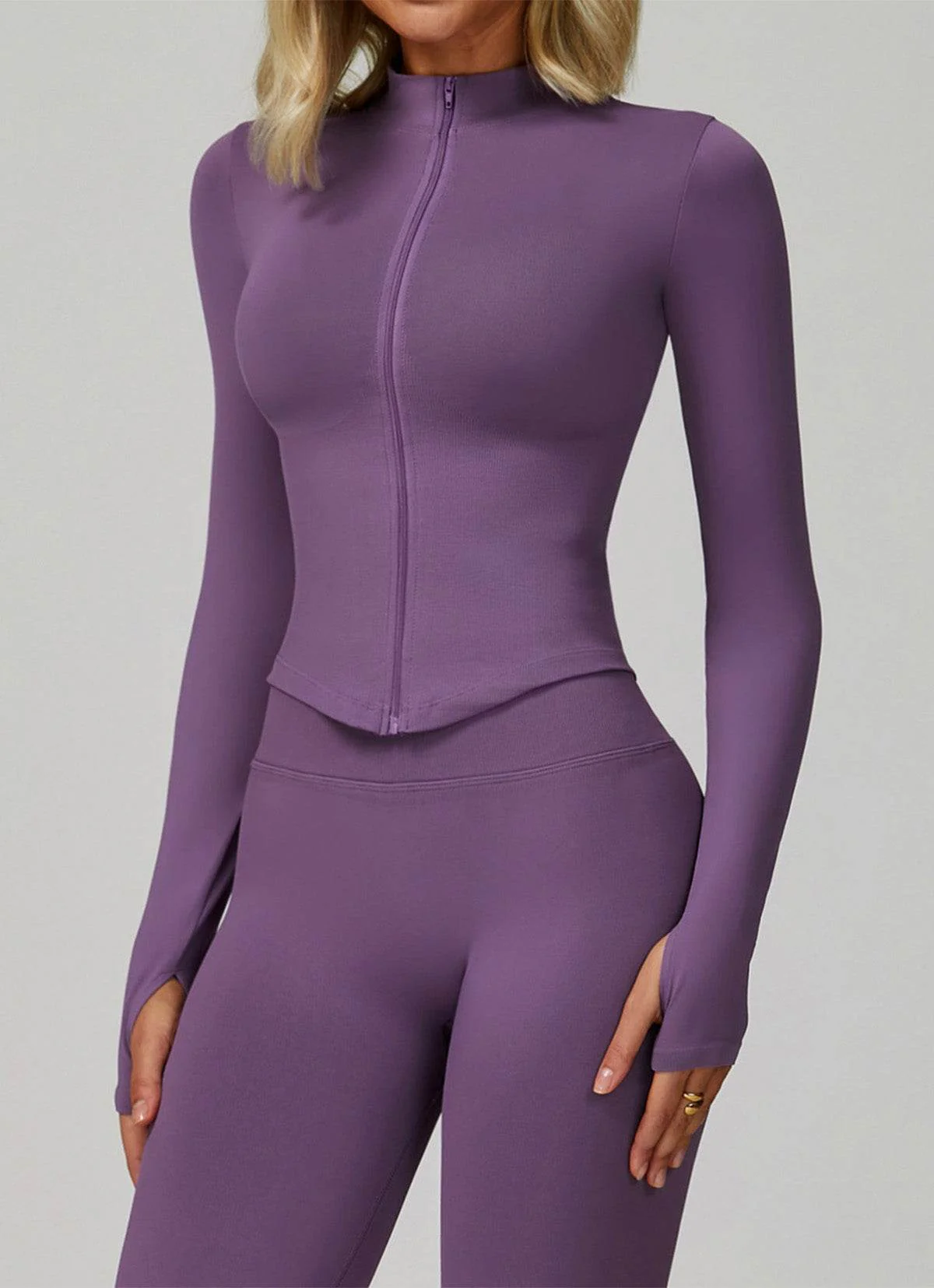 Full Zip Cropped Workout Jacket with Thumb Holes - Artadvier