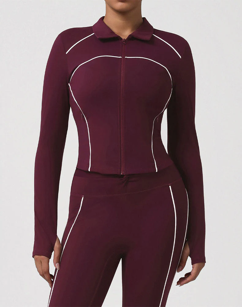 Contrast Trim Workout Jacket Zip Up Long Sleeve Coat - Artadvier