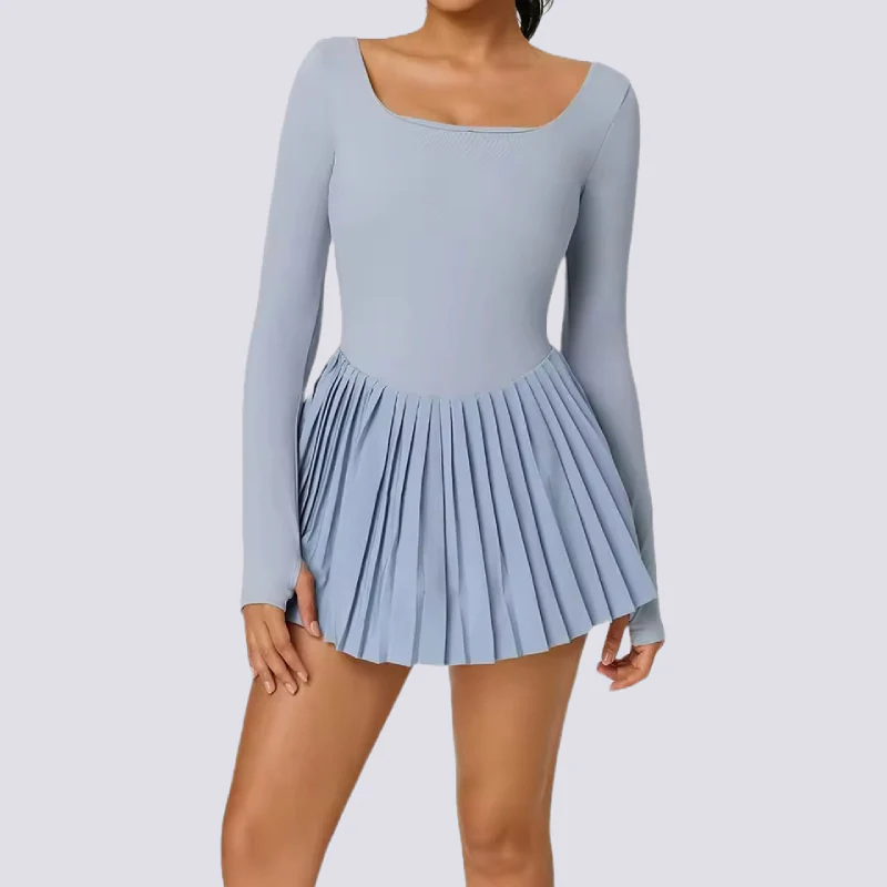 Women  s Tennis Dress  C Long Sleeve Backless Pleated Outfit - Artadvier