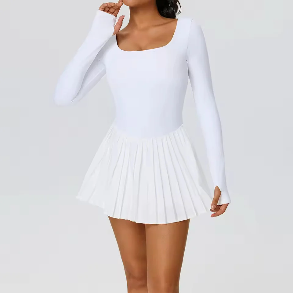 Women  s Tennis Dress  C Long Sleeve Backless Pleated Outfit - Artadvier