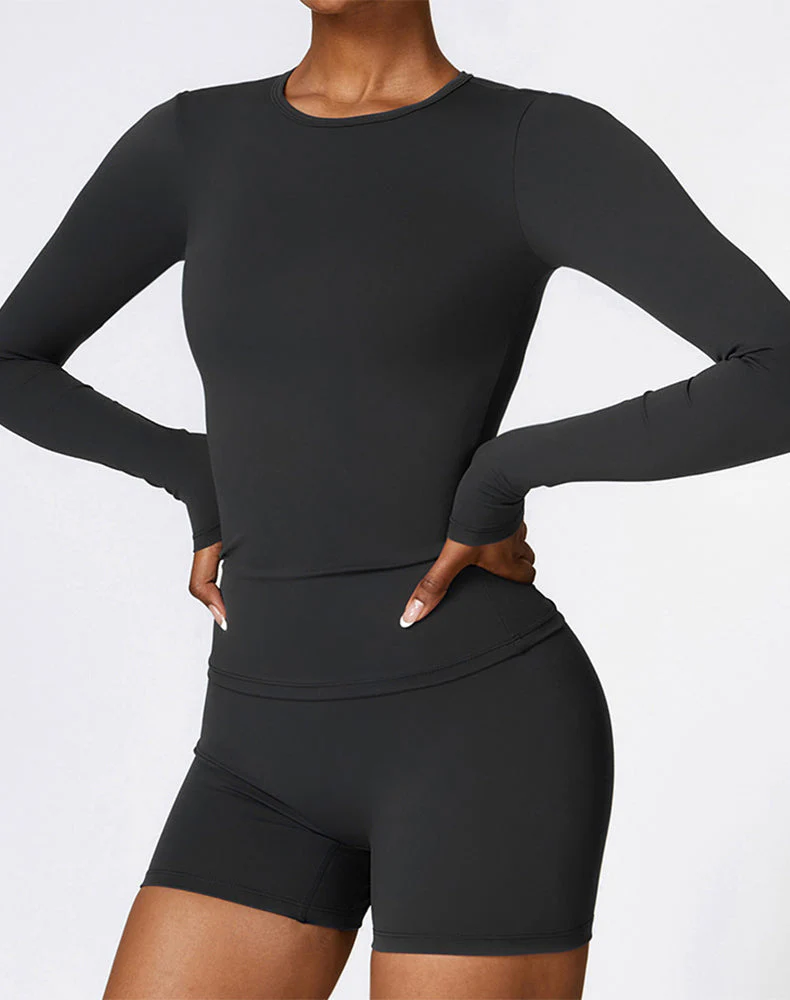 Crewneck Long Sleeve Shirt Basic Tees Slim Fit Crop Tops - Artadvier